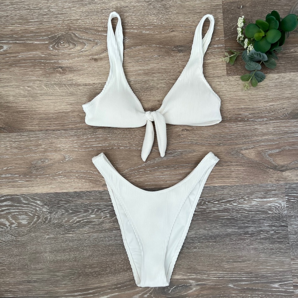 White Ribbed Tie-Front Bikini Set - Picture 3 of 9